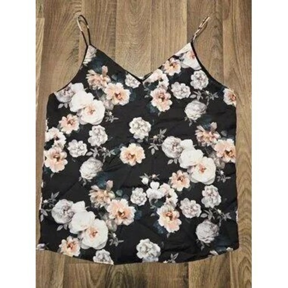 Calvin Klein Floral V-Neck Cami Top Black Pink Rose Print Size M NWT S92TV46J